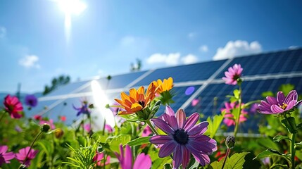 Bright Flowers In Garden With Solar Panels Sustainable Energy Concept