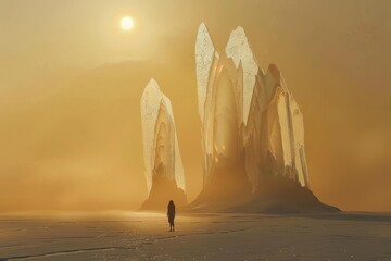 Obraz premium figure standing on a vast desert plain, their silhouette stark against the golden hues of the setting sun. In the distance, towering crystalline structures rise from the earth