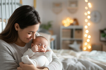 A mother gently cradling her newborn baby in a softly lit bedroom with fairy lights and a tranquil ambiance, showcasing tenderness and maternal love..
