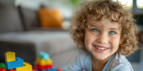 Obraz premium Young boy with curly hair and blue eyes smiling while playing with colorful building blocks in a cozy living room..