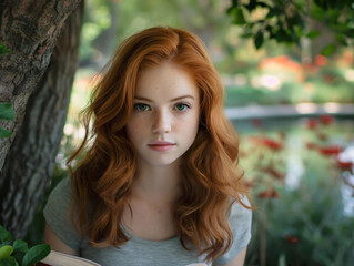 Naklejka premium Red-haired girl with green eyes reading a book in a garden, looking directly at the camera, with blurred flowers and greenery in the background.