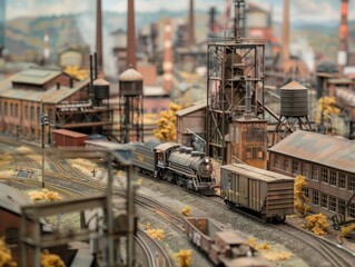 A detailed model train layout depicting an industrial era scene. The train passes through a gritty, urban industrial zone with factories, warehouses, and smokestacks.
