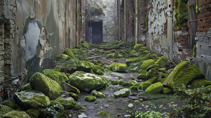 nature and urban decay, with a dirty sponge nestled among moss-covered rocks in a dilapidated alleyway. The juxtaposition of organic and synthetic materials creates a visual metaphor for environmental