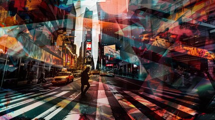 Obraz premium A digital collage with a spotlight shining down on a cityscape at night. The dynamic composition captures the energy and excitement of urban life