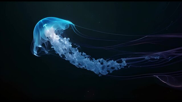 A blue jellyfish with a long tail is swimming in the ocean. The image has a calm and serene mood, as the jellyfish is moving gracefully through the water