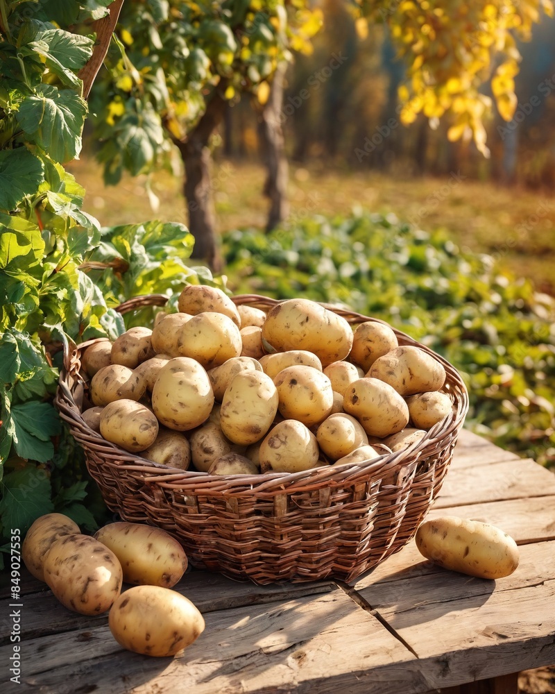 Sticker Fresh potatoes in a basket on a wooden table in the garden. Bountiful harvest, a heap of potatoes in a wicker basket. Potato plant for product consume. Farm products.