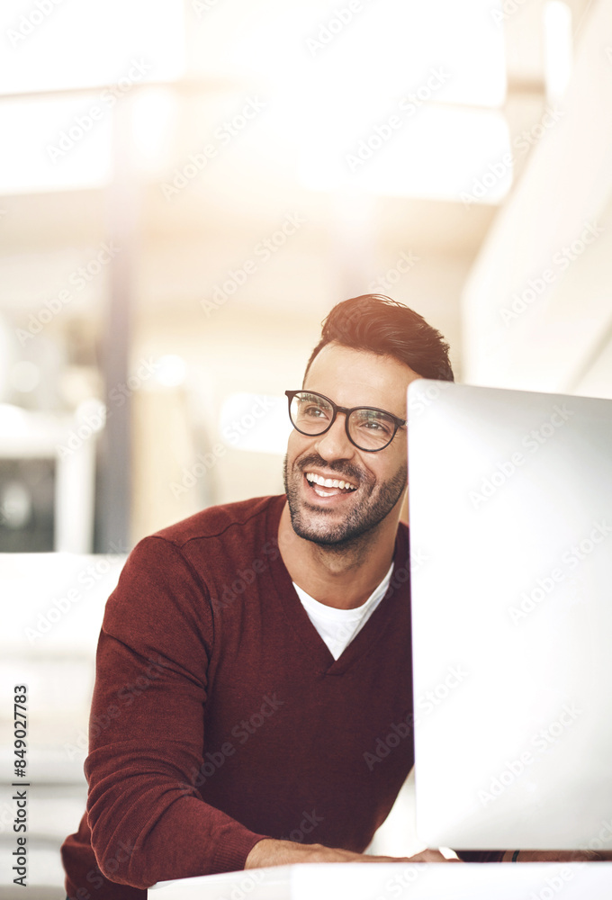 Poster Happy, working and computer with business man and smile from digital writing and seo work at creative agency. Idea, thinking and tech at startup with internet search, planning and professional