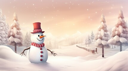 Obraz premium Happy snowman standing in christmas landscape. Snow background with copy space