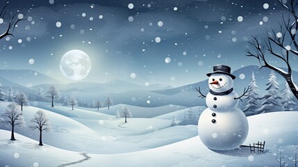 Obraz premium Happy snowman standing in christmas landscape. Snow background with copy space