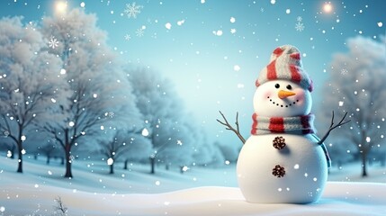 Fototapeta premium Happy snowman standing in christmas landscape. Snow background with copy space