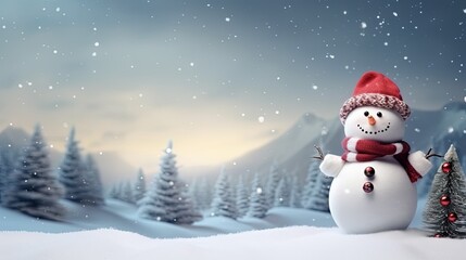 Obraz premium Happy snowman standing in christmas landscape. Snow background with copy space