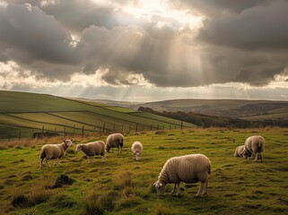 Fototapeta premium Sheep on the green grassy hills of Yorkshire, under dark clouds, late afternoon sun lighting them up from behind, autumn colors