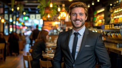 Fototapeta premium Joven empresario en un restaurante. Concepto de negocio y trabajo. 