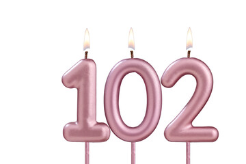 Candle number 102 - Lit birthday candle on white background