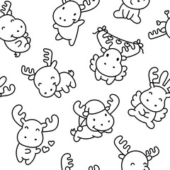 Cute kawaii moose character. Seamless pattern. Coloring Page. Cartoon funny wild animal. Hand drawn style. Vector drawing. Design ornaments.