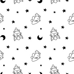 Kawaii carrot with funny faces. Seamless pattern. Coloring Page. Cute cartoon happy food characters. Hand drawn style. Vector drawing. Design ornaments.