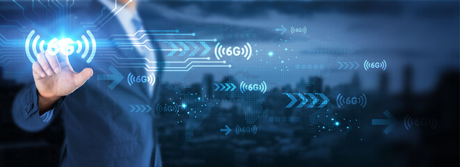 Hand touching a global network connection on technology, innovation, advancement, communication, connectivity, and transformation, symbolizing the futuristic leap with 6G connection.