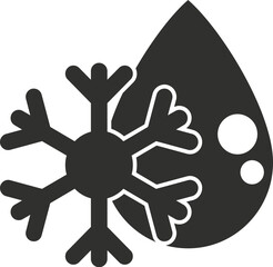 Simple black and white icon of a snowflake overlapping a water drop, representing freezing temperatures