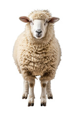 Obraz premium Front view of a fluffy sheep against a white background. Perfect for agricultural themes, farm promotions, and animal-related content.