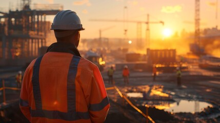 Construction worker with helmet observing site at sunrise