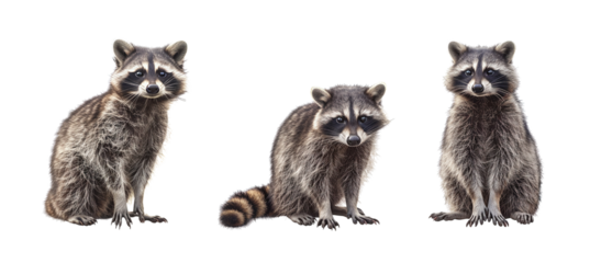 Three cute raccoons sitting in a row on a white background, showcasing their curious nature. Perfect for nature and wildlife themes.