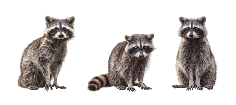 Three cute raccoons sitting in a row on a white background, showcasing their curious nature. Perfect for nature and wildlife themes.