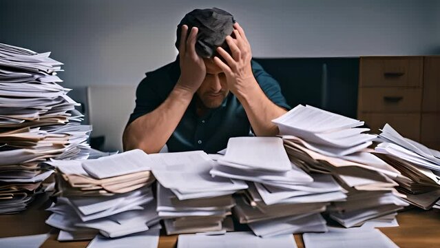 Overwhelmed Man Surrounded by Papers Generative AI