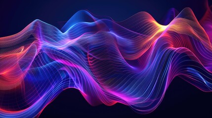 Obraz premium Futuristic holographic waves in vibrant neon colors pulsating against dark background