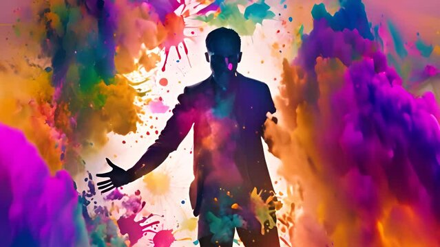 Man In Silhouette With Colorful Paint Splashes Generative AI