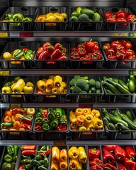 Shelves with colorful peppers, tomatoes and green vegetables in the grocery store