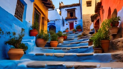 Picture of colorful houses, plants, and pots on the blue staircase in Chefchaouen, Morocco taken on a beautiful day.