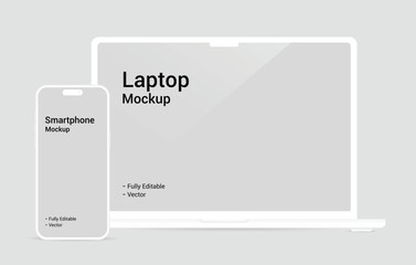 laptop and smartphone mockup in white clay style for ui presentation with empty background and screen, mobile phone mockup flat vector illustration