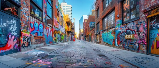 Panoramic view of an urban alleyway covered in colorful graffiti, dynamic street scene captured in high detail