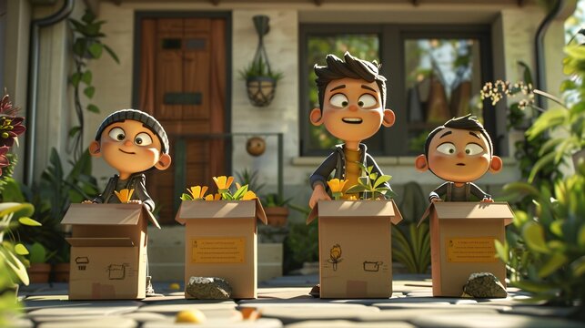 3D animated characters with donation boxes and charity banners promoting the virtues of giving