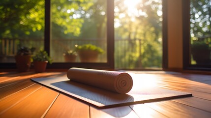 Yoga mat on a wooden floor with sunlight streaming in through a window casting warm shadows