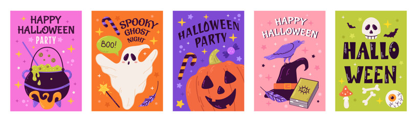 Happy Halloween party posters or flyers big set. Vector illustration with pumpkin, ghost, moon, bat, and spiders web