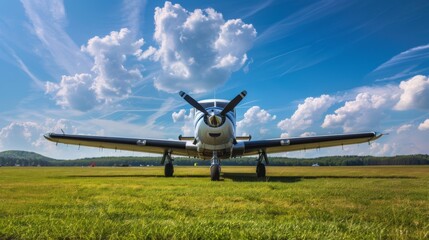 A vintage propeller airplane parked on a grassy airfield, with a clear blue sky overhead.