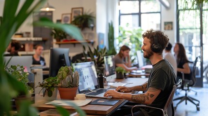 man focusing at working typing on notebook at cozy trendy office, People at work happy smiling friendly atmosphere, urban culture beautiful life, diversity and unity 