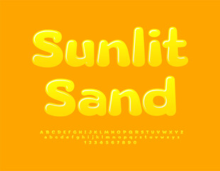 Naklejka premium Vector summer sign Sunlit Sand. Sunny Yellow Font. Cute Glossy Alphabet Letters and Numbers set.