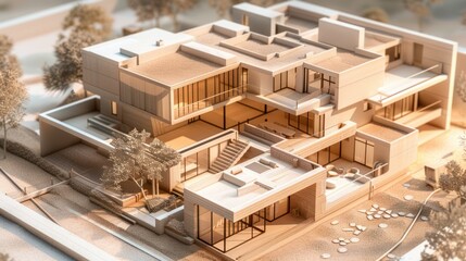 3D house model, apartment model, side view, white background with lights