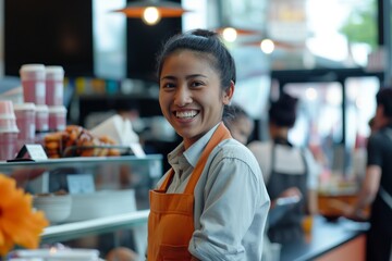 Asian woman working as waitress at small restaurant and cafe, People at work happy smiling friendly atmosphere, urban culture beautiful life, diversity and unity 
