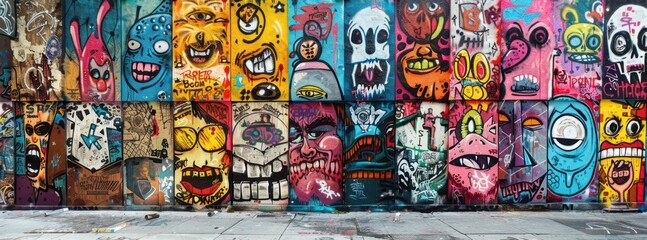 Fototapeta premium Street view with various graffiti artworks on the walls