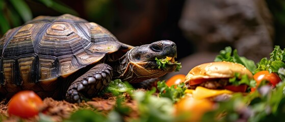 Tortoise eating a veggie burger in a garden
