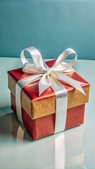 The photo shows a beautifully wrapped gift box. The box is covered in shiny red wrapping paper and tied with a white satin ribbon, forming a neat bow on top.