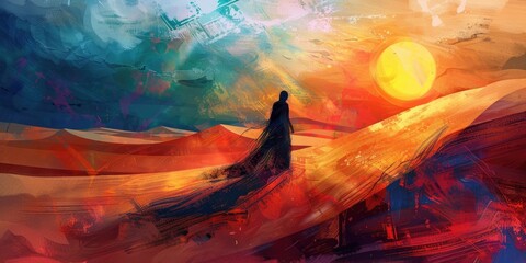 Solitary Figure Walking in Desert Sunset