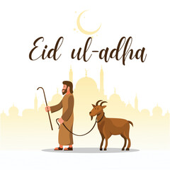 eid ul adha mubarak template with man and goat vector illustration 