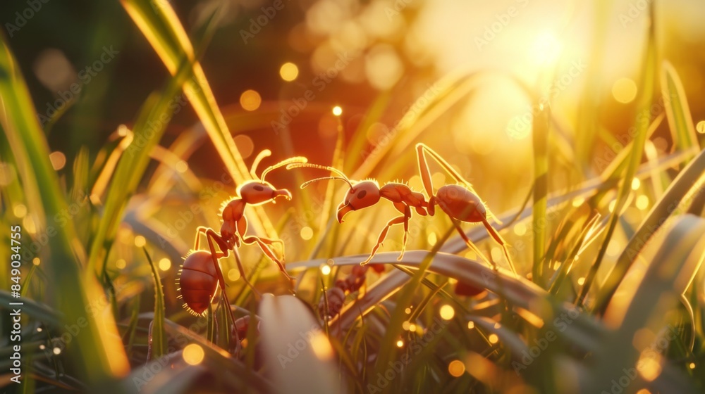 Poster ants exploring a sunlit patch of grass, basking in the warmth and soaking up the light.