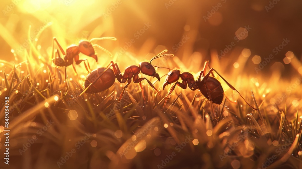 Poster Ants exploring a sunlit patch of grass, basking in the warmth and soaking up the light.