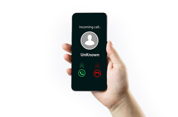 Smartphone incoming call notification on white background. concept of scammers or strangers, fraud, and contact to sell mobile internet promotions