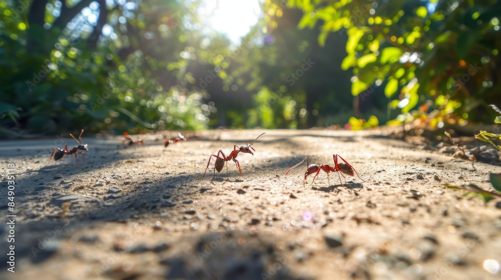 Poster ants marching along a sunlit path in a garden, their shadows stretching out behind them in the after